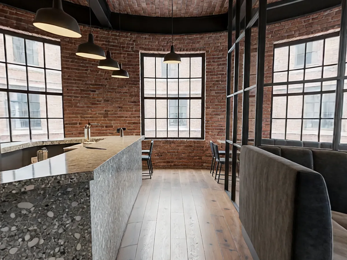 Brick-walled members' lounge in a converted foundry