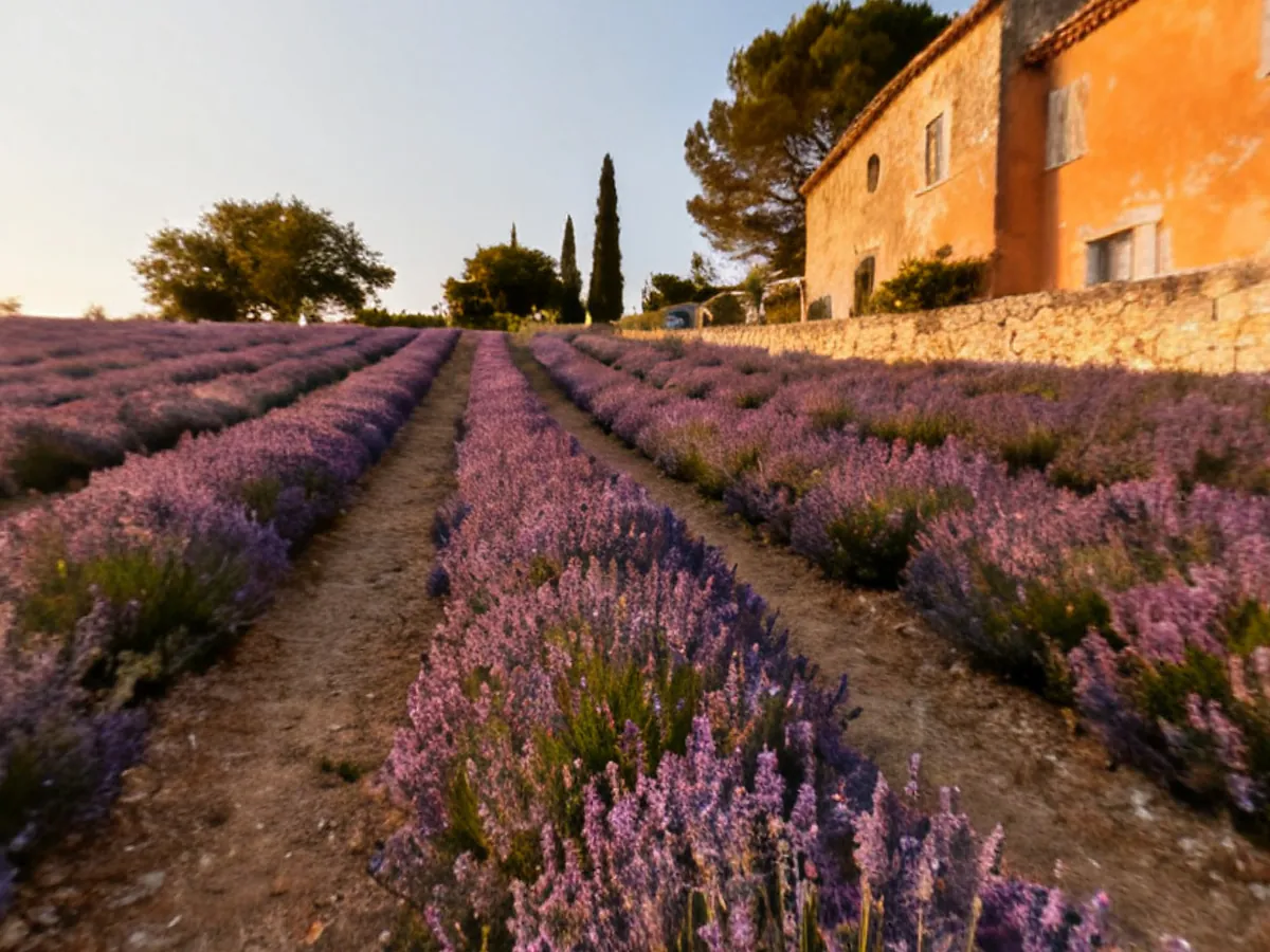 Lavender fields in front of a Provençal stone farmhouse