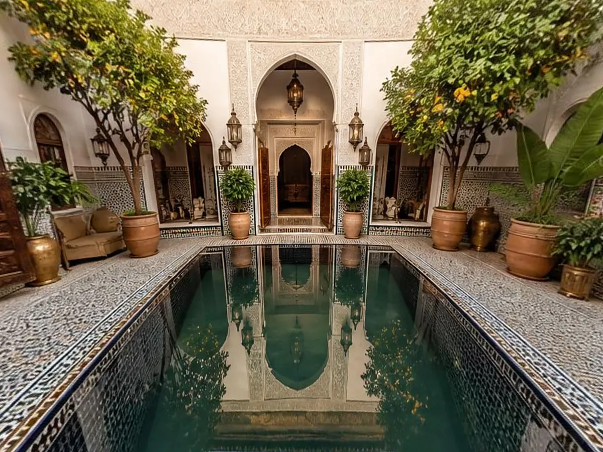 Moroccan riad courtyard with a reflecting pool